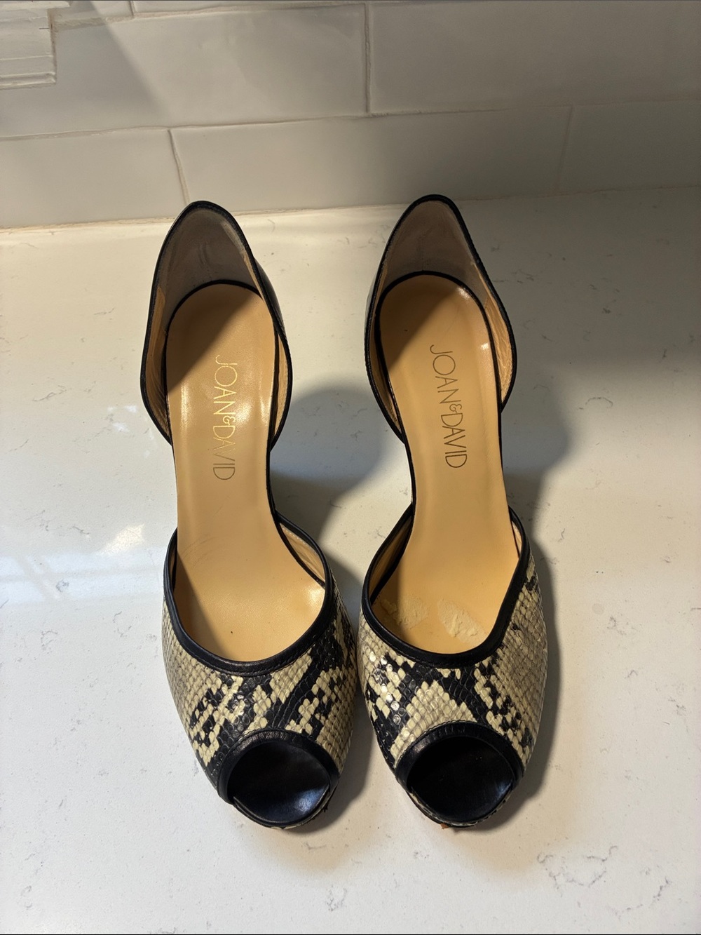 Joan & David Black and Cream Snake-Print Peep-Toe Pumps
